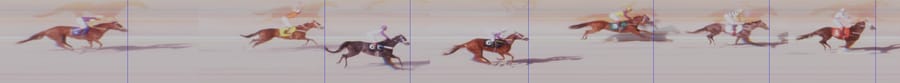 Faixa panorâmica de photochart com todos os animais de um páreo cruzando o disco