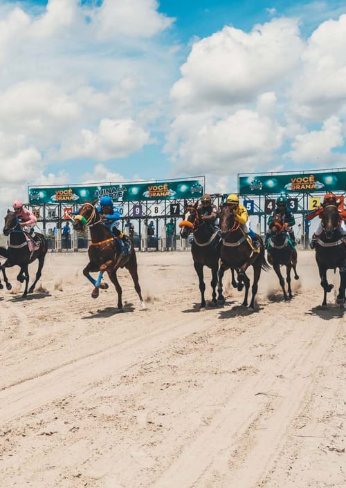 Largada da Quina vista de frente, com os cavalos saindo do partidor